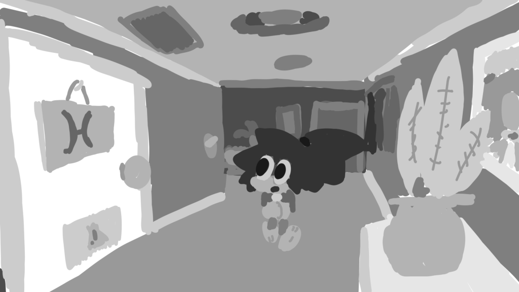 These shots were sketched and drafted as part of the design processes for scenes I have in mind. When doing these drafts, it is often that value charting is colored to showcase the basic values or layers of the background and characters.