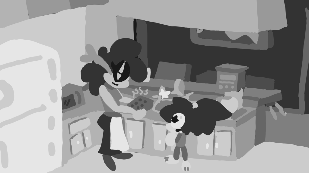 These shots were sketched and drafted as part of the design processes for scenes I have in mind. When doing these drafts, it is often that value charting is colored to showcase the basic values or layers of the background and characters.