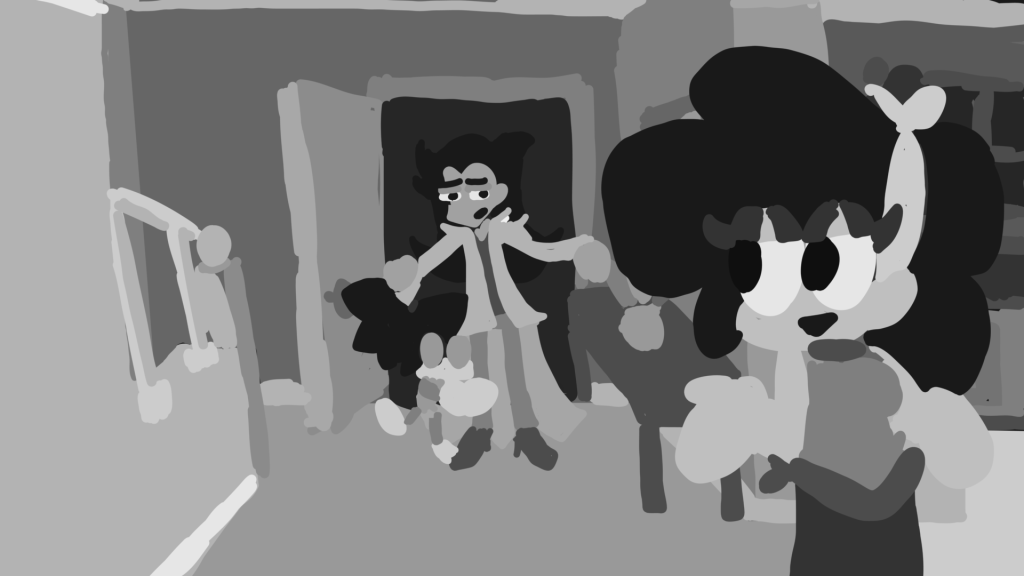 These shots were sketched and drafted as part of the design processes for scenes I have in mind. When doing these drafts, it is often that value charting is colored to showcase the basic values or layers of the background and characters.